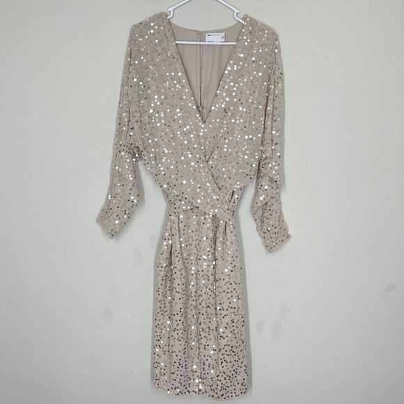Asos Design Sequin Midi Dress Women's 12 Batwing Sleeve Plunge Gray Belt - Picture 1 of 16